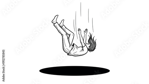 Dramatic black and white sketch of a falling person into a void