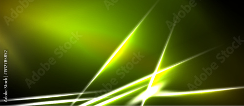 Abstract design features vibrant green, yellow lines against black background. Dynamic energy radiates from central light source. Modern, sleek aesthetic.