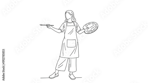 Minimalist line art of female artist with paintbrush and palette