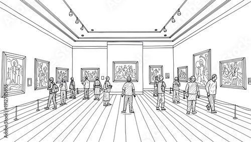 Art gallery scene with people viewing paintings in monochrome linear s