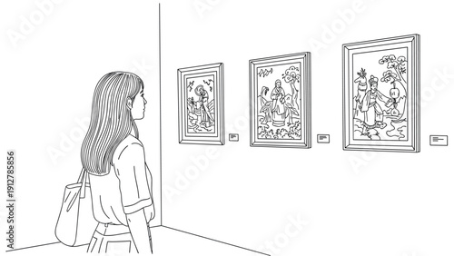 Woman observes artwork in minimalist art gallery line drawing