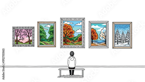 Gallery of seasonal landscapes with framed scenic views and lone obser