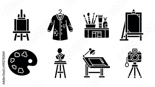 Artistic tools and gear: black silhouette set of easel palette supplie