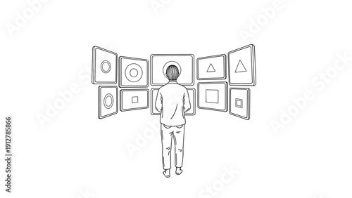Person in front of abstract art display in minimalist style