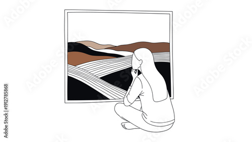 Woman admiring abstract landscape art in gallery setting