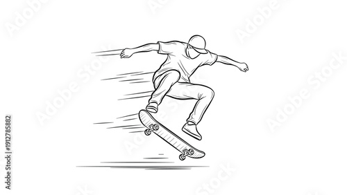 Energetic skater performing jump trick in dynamic sketch style
