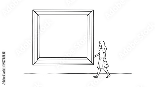 Minimalist art gallery frame with woman walking in linear style