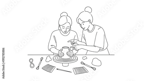 Two women pottery wheel class line art