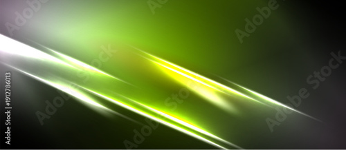 Abstract background features bright streaks, gradients. Green, yellow hues dominate dark space. Modern design element.