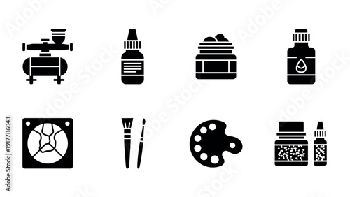 Monochrome icon set of art supplies and tattoo equipment