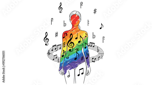 Abstract rainbow music silhouette with musical notes and symbols