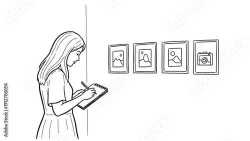 Line art museum visitor sketching art gallery paintings on display