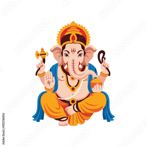 Illustration of Ganesha sitting cross-legged with multiple arms and ornaments in a vibrant, mythological depiction against a plain white background.