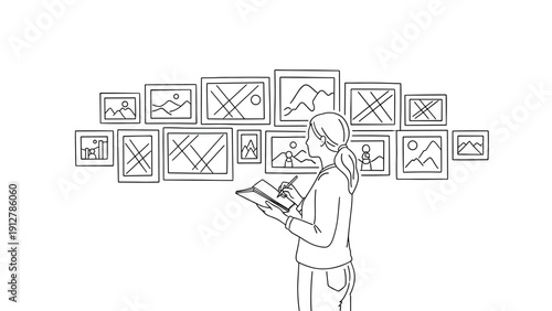 Art gallery sketch: woman analyzing framed artwork on display