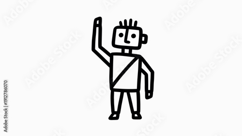 Friendly robot with hand raised in simple black line art style