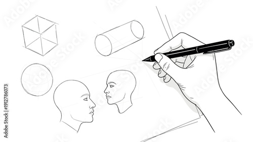 Sketching basics: human profiles and 3d shapes in linear art