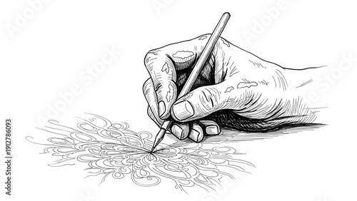 Intricate hand drawing with pen creating ornate patterns in detailed s