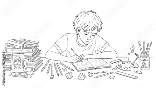 Child drawing at desk with art supplies: creative black and white line