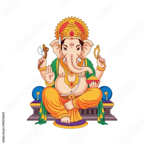 Illustration of a Hindu deity with many people worshipping in the background with traditional Indian attire and ornaments.