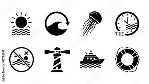 Black and white nautical icons collection featuring marine and weather