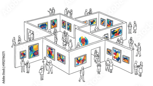 Isometric art gallery with abstract paintings and visitors