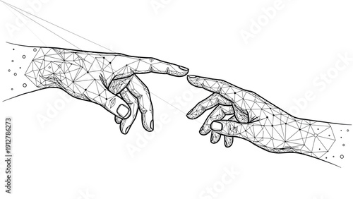 Abstract low poly hands reaching towards each other in wireframe desig