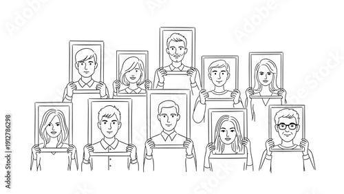 Linear portrait of diverse people framing themselves in outline style