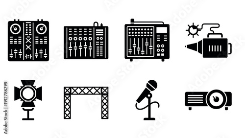 Silhouette dj and audio equipment icons for music and event planning