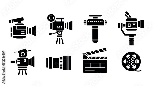Film equipment icons set: cameras clapperboard film reel in silhouette