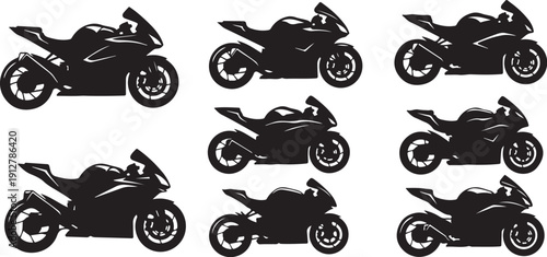 Collection of black motorcycle silhouettes on white background