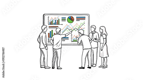 Team meeting analyzing business charts on digital screen in linear sty