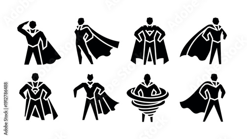 Bold superhero silhouettes in dynamic poses on white background