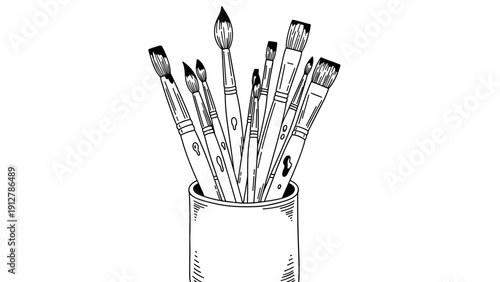 Black and white linear art of paintbrushes in a holder for creative pr