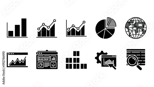 Business analytics icons set: data charts and graphs in silhouette sty