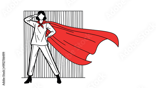 Modern hero standing proud with red cape in linear style
