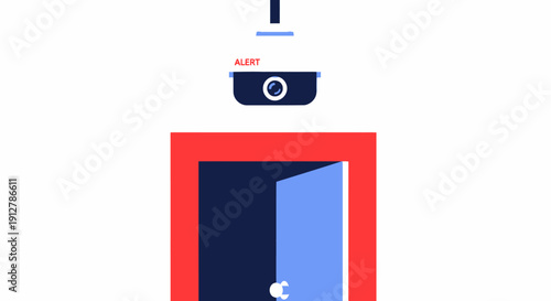 Security Camera Alert System Monitoring Open Door. CCTV Surveillance, Intrusion Detection, and Access Control Flat Vector Illustration.