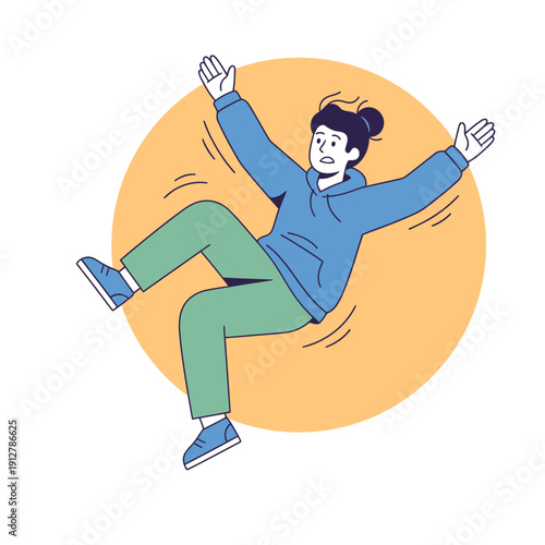 Concept of an accidental fall, losing balance, or a sudden setback. Modern illustration of a woman tripping, symbolizing risk management, physical injury, or unexpected failure in a clean style.