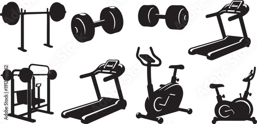 Fitness equipment icons for healthy lifestyle and exercise routine