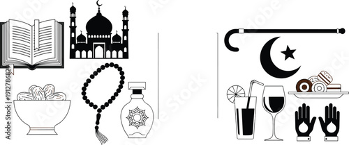 Minimalist vector icon collection featuring a mosque, holy Quran, prayer beads, dates, and religious symbols for Ramadan Kareem, Eid Mubarak, and Islamic cultural designs.