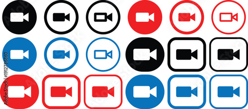 Video Camera Icon Set for Live Streaming, Recording, Webinar and Online Meeting – Flat Vector Symbols for Web, App and Media Interface