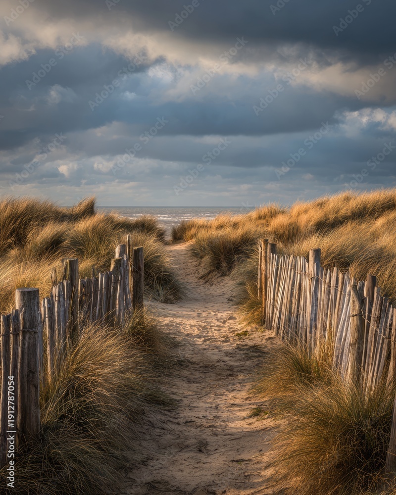 Obraz premium Coastal path through dunes, dramatic sky