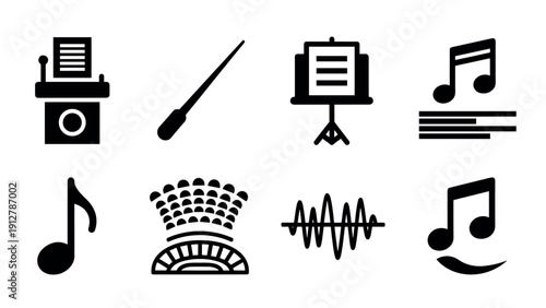 Silhouette music icons set: instruments notes stave and more in bold d