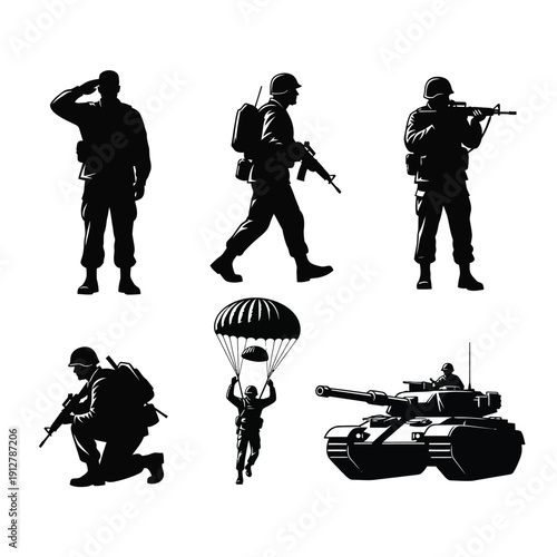 Soldiers in combat positions with tank and parachute