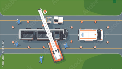 Flat Vector Illustration of a Bus Rescue Operation, Top-Down Perspective, with Support Crew