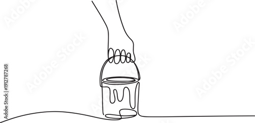 continuous line of hand lifting bucket.vector single line of hand carrying paint bucket.one line victor illustration in white Background