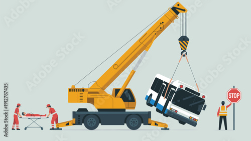 Side Profile Flat Vector Illustration of a Bus Being Towed or Recovered by a Crane