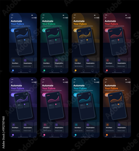 "A sophisticated and futuristic collection of mobile app UI mockups featuring a high-contrast dark-themed interface. The design showcases vibrant color variations including teal, purple, orange, 