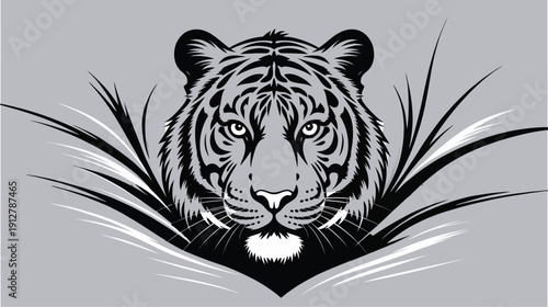 Stunning black and white tiger head illustration with intense gaze