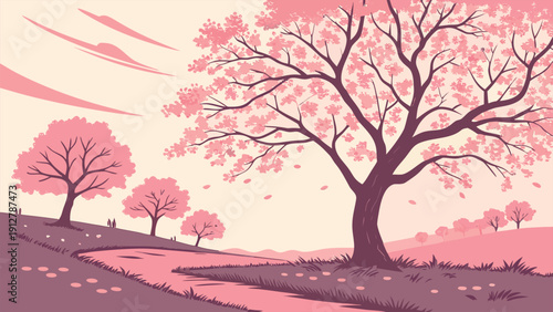 Vintage Style Illustrations: Sunflowers in Tuscany, Cherry Blossom Park, Wildflower Meadows, and Tulip Fields