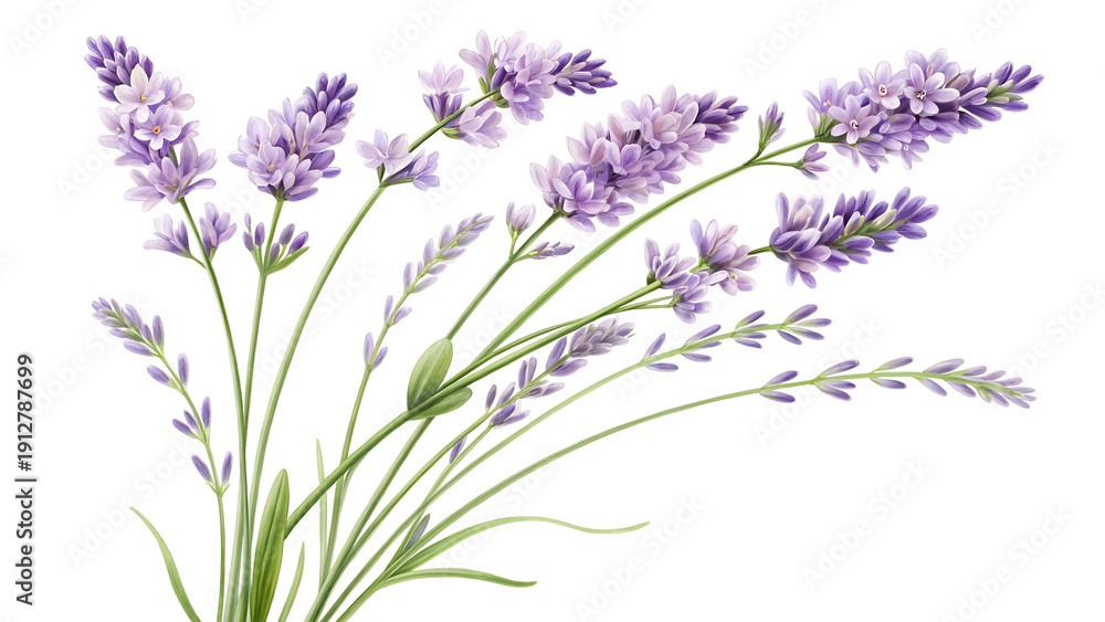 Obraz premium Purple lavender flowers blooming in soft natural light on white background
